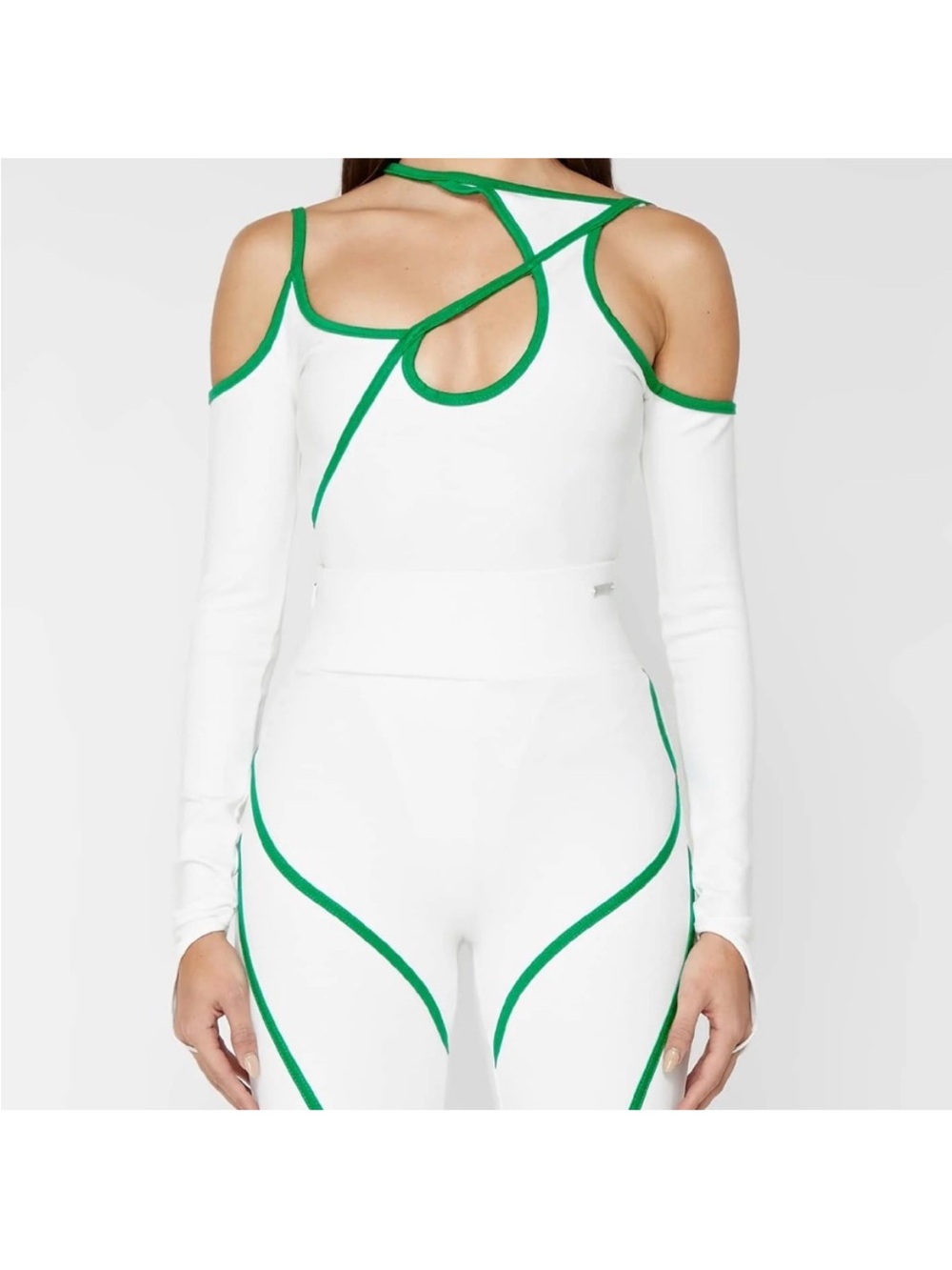 NWT- Maniere De Voir CONTRAST ASYMMETRIC BODYSUIT - WHITE/GREEN